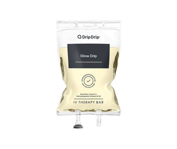 Glow Drip Infusionsbeutel mit vitalisierenden Nährstoffen und Antioxidantien für strahlende Haut und mehr Zellschutz.