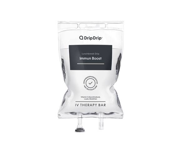 Transparenter Infusionsbeutel Immun Drip als Aufbauinfusion für starke Immunfunktion und Zellschutz.