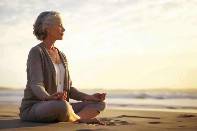 Woman meditating at sunset on the Baltic Sea beach on Rügen during the meditation program at the Grand Hotel Binz.