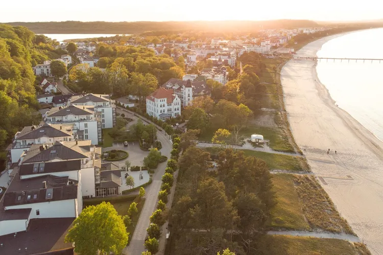 Aerial sunset view over Binz beach – The Grand Hotel Binz relies on sustainable energy solutions